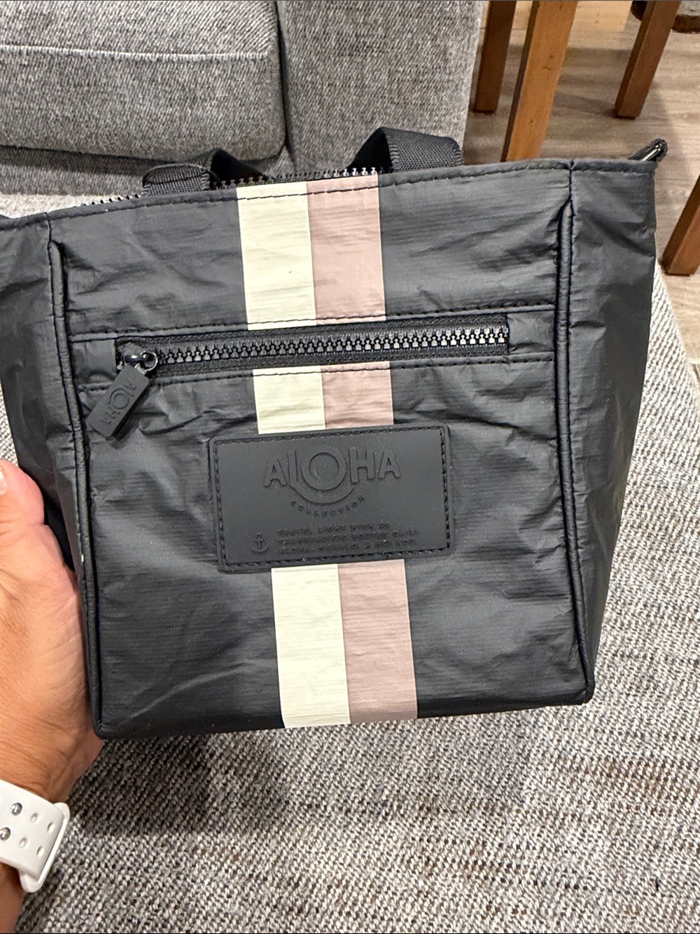 ALOHA Black crossbody Bag with Cream & Tan Stripes NWT